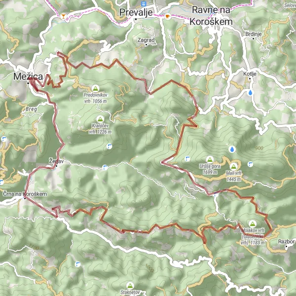 Map miniature of "The Gravel Hills of Mežica" cycling inspiration in Vzhodna Slovenija, Slovenia. Generated by Tarmacs.app cycling route planner