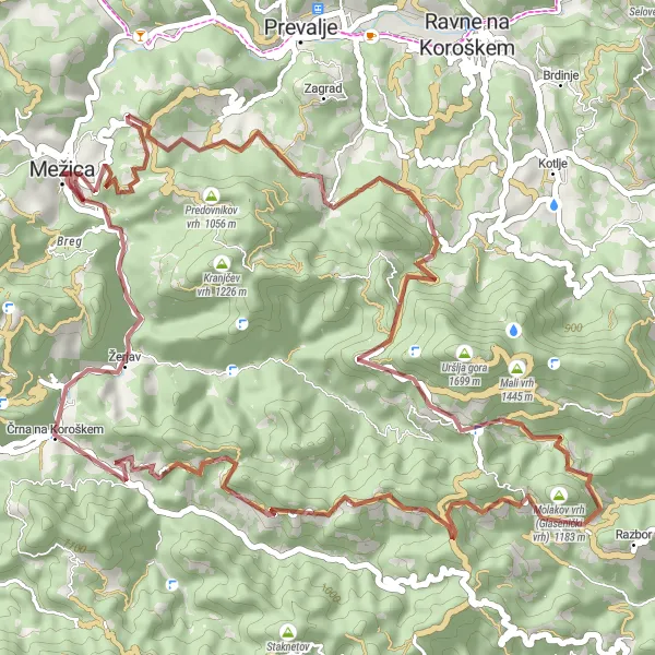 Zemljevid v pomanjšavi "Fridrih - Črna na Koroškem - Mežica" kolesarske inspiracije v Vzhodna Slovenija, Slovenia. Generirano z načrtovalcem kolesarskih poti Tarmacs.app