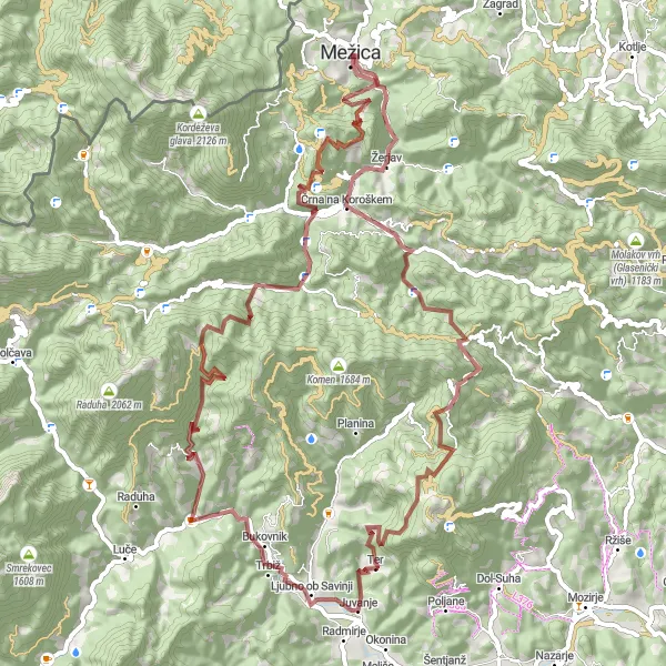 Miniatura della mappa di ispirazione al ciclismo "Giro Gravel intorno a Mežica" nella regione di Vzhodna Slovenija, Slovenia. Generata da Tarmacs.app, pianificatore di rotte ciclistiche