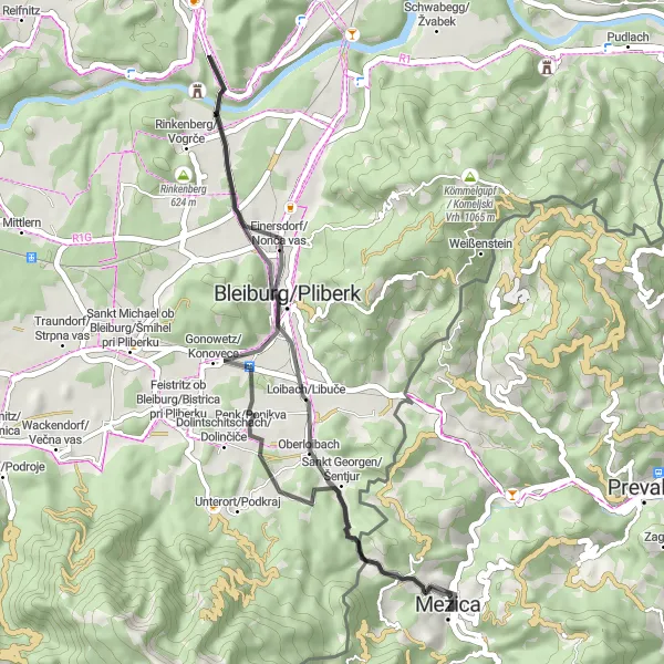 Map miniature of "The Scenic Wonders of Mežica" cycling inspiration in Vzhodna Slovenija, Slovenia. Generated by Tarmacs.app cycling route planner