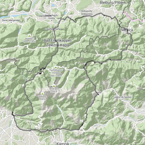 Map miniature of "The Solčava Panorama" cycling inspiration in Vzhodna Slovenija, Slovenia. Generated by Tarmacs.app cycling route planner
