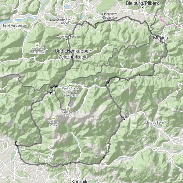 Zemljevid v pomanjšavi "Road route from Mežica to Mežica via Črna na Koroškem and Zgornje Jezersko" kolesarske inspiracije v Vzhodna Slovenija, Slovenia. Generirano z načrtovalcem kolesarskih poti Tarmacs.app