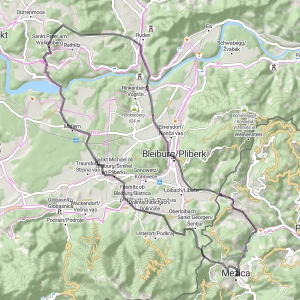 Map miniature of "Exploring the Karavanke Mountains" cycling inspiration in Vzhodna Slovenija, Slovenia. Generated by Tarmacs.app cycling route planner
