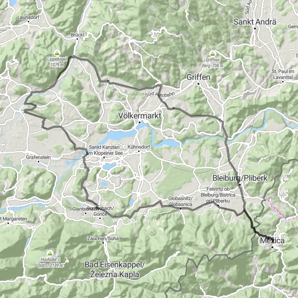 Miniaturní mapa "Koloběh kolem památek" inspirace pro cyklisty v oblasti Vzhodna Slovenija, Slovenia. Vytvořeno pomocí plánovače tras Tarmacs.app