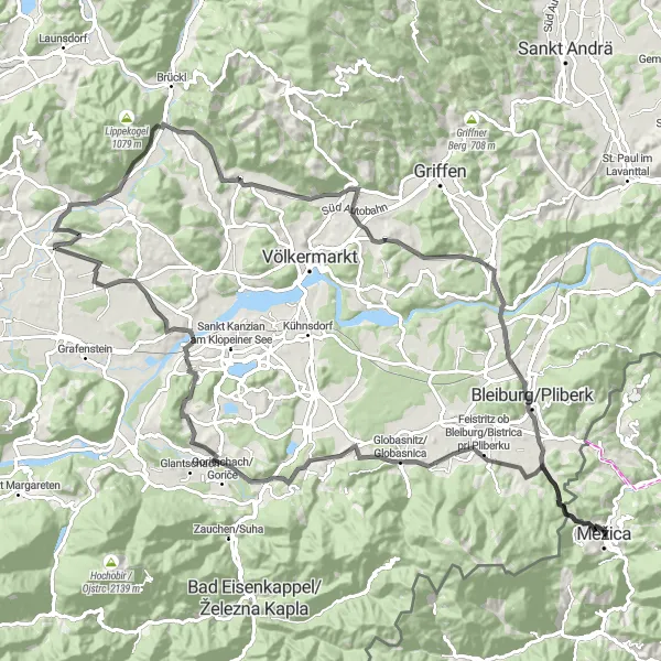 Miniatura della mappa di ispirazione al ciclismo "Tour in Bicicletta su Strade Panoramiche" nella regione di Vzhodna Slovenija, Slovenia. Generata da Tarmacs.app, pianificatore di rotte ciclistiche