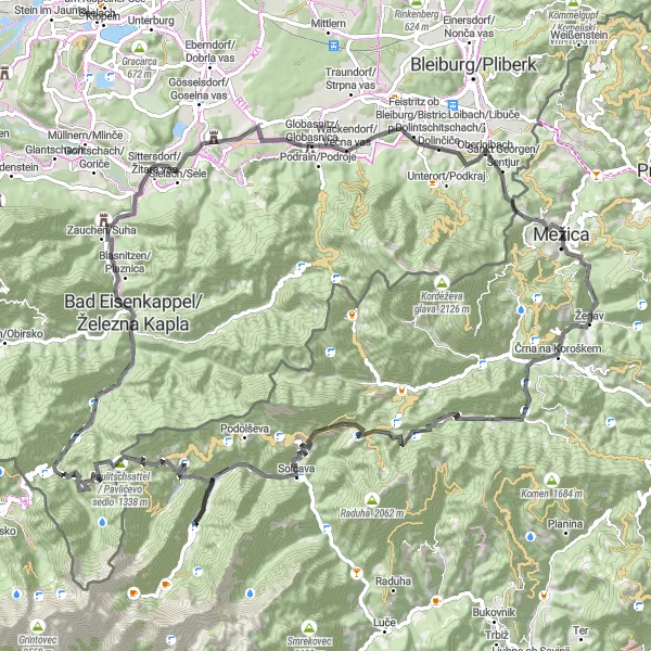 Miniatura della mappa di ispirazione al ciclismo "Grande avventura ciclistica tra Fridrih e Bad Eisenkappel" nella regione di Vzhodna Slovenija, Slovenia. Generata da Tarmacs.app, pianificatore di rotte ciclistiche