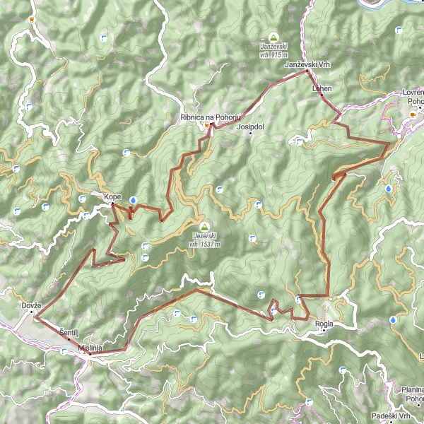 Miniatura della mappa di ispirazione al ciclismo "Tour in bicicletta tra Dovže e Ribnica na Pohorju" nella regione di Vzhodna Slovenija, Slovenia. Generata da Tarmacs.app, pianificatore di rotte ciclistiche