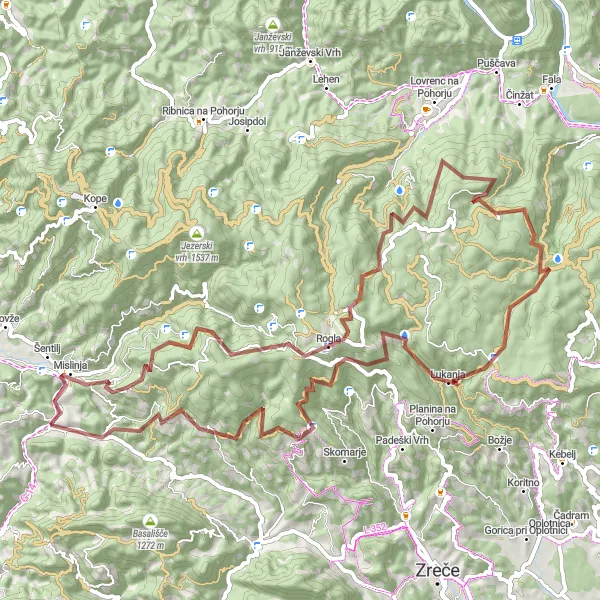 Miniaturní mapa "Gravel Trasa kolem Mislinje" inspirace pro cyklisty v oblasti Vzhodna Slovenija, Slovenia. Vytvořeno pomocí plánovače tras Tarmacs.app