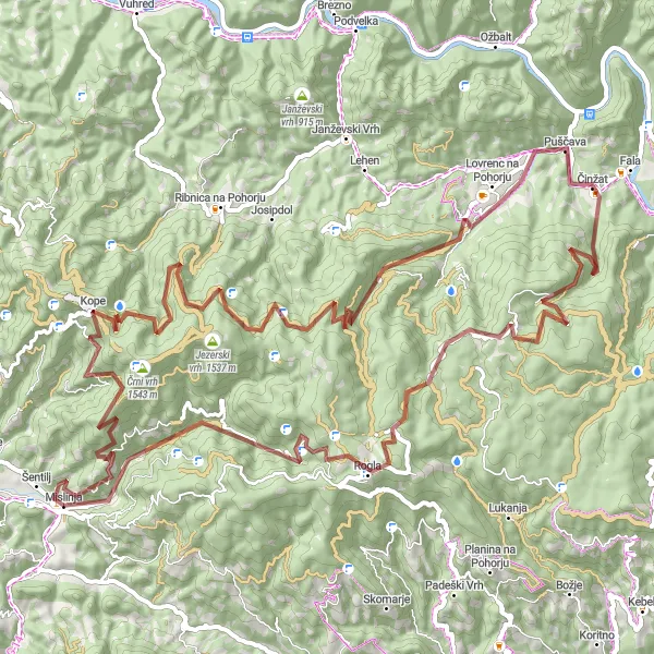 Karten-Miniaturansicht der Radinspiration "Gravelroute Mislinja-Pungart-Bezjak-Puščava-Mizni vrh-Pesek-Rogla-Turjak" in Vzhodna Slovenija, Slovenia. Erstellt vom Tarmacs.app-Routenplaner für Radtouren