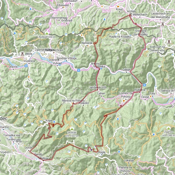 Map miniature of "Discover the Hilly Gravel Circuit" cycling inspiration in Vzhodna Slovenija, Slovenia. Generated by Tarmacs.app cycling route planner