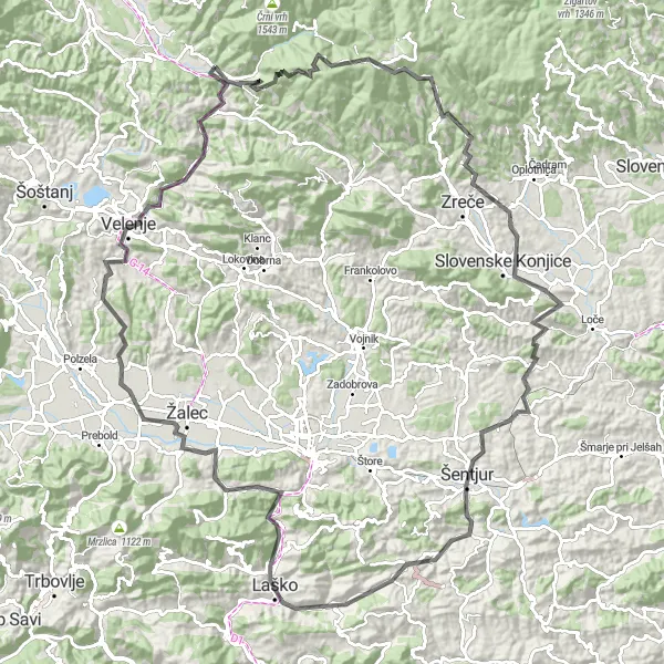 Miniatura della mappa di ispirazione al ciclismo "Tour ciclistico attraverso Padeški vrh e Gornji Dolič" nella regione di Vzhodna Slovenija, Slovenia. Generata da Tarmacs.app, pianificatore di rotte ciclistiche