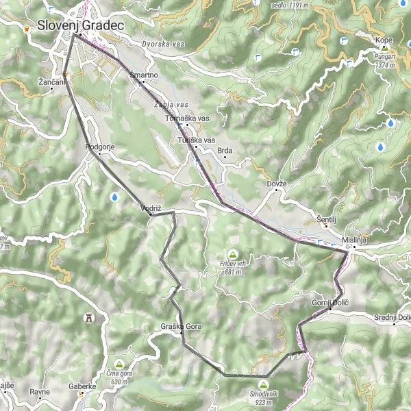 Map miniature of "Slovenj Gradec Express" cycling inspiration in Vzhodna Slovenija, Slovenia. Generated by Tarmacs.app cycling route planner