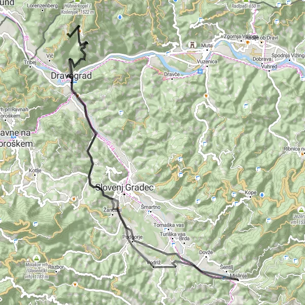 Miniatura della mappa di ispirazione al ciclismo "Avventura ciclistica fino a Stari grad Traberg" nella regione di Vzhodna Slovenija, Slovenia. Generata da Tarmacs.app, pianificatore di rotte ciclistiche