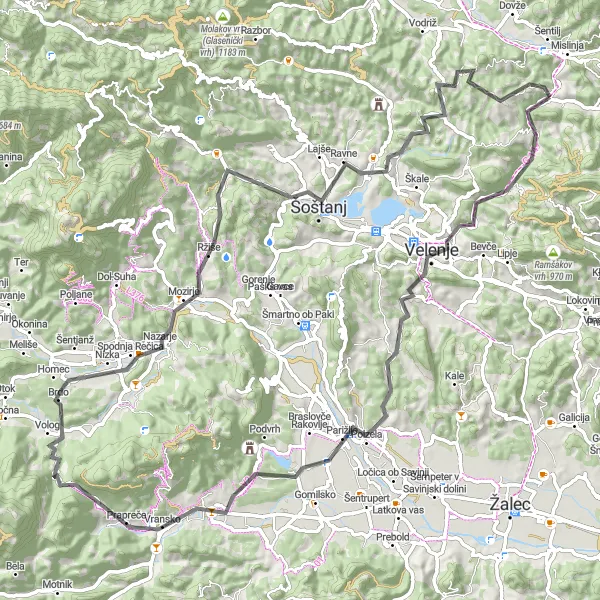 Miniaturní mapa "Kolem horských vrcholů" inspirace pro cyklisty v oblasti Vzhodna Slovenija, Slovenia. Vytvořeno pomocí plánovače tras Tarmacs.app