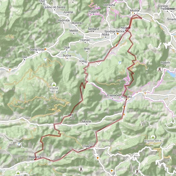 Map miniature of "Gravel Adventure through Šmartno ob Dreti and Trojane" cycling inspiration in Vzhodna Slovenija, Slovenia. Generated by Tarmacs.app cycling route planner