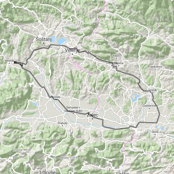Map miniature of "The Velenje Grand Tour" cycling inspiration in Vzhodna Slovenija, Slovenia. Generated by Tarmacs.app cycling route planner