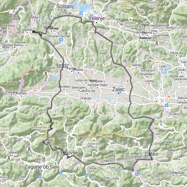 Map miniature of "The Hillside Adventure" cycling inspiration in Vzhodna Slovenija, Slovenia. Generated by Tarmacs.app cycling route planner