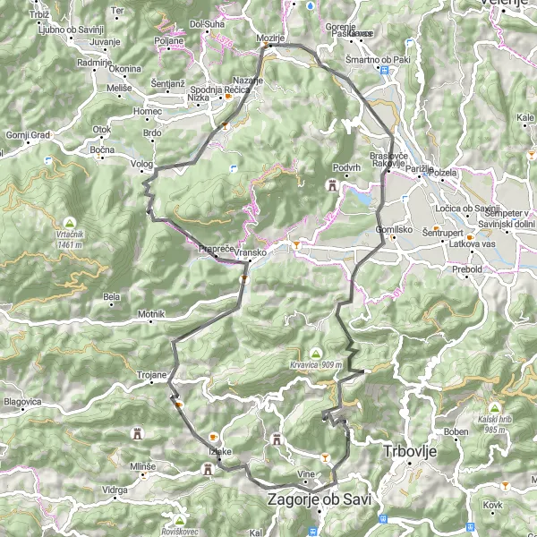 Zemljevid v pomanjšavi "Panoramska kolesarska pot do Mozirja" kolesarske inspiracije v Vzhodna Slovenija, Slovenia. Generirano z načrtovalcem kolesarskih poti Tarmacs.app