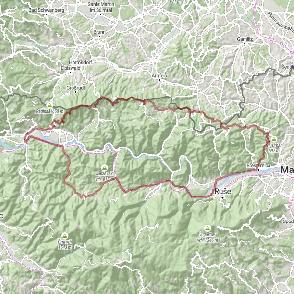 Miniatura della mappa di ispirazione al ciclismo "Escursione in bicicletta di 107 km a Muta" nella regione di Vzhodna Slovenija, Slovenia. Generata da Tarmacs.app, pianificatore di rotte ciclistiche