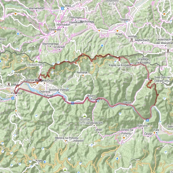 Miniatura della mappa di ispirazione al ciclismo "Giro in Bicicletta tra le Colline di Pohorje" nella regione di Vzhodna Slovenija, Slovenia. Generata da Tarmacs.app, pianificatore di rotte ciclistiche