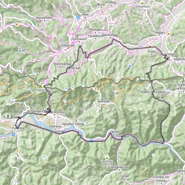 Zemljevid v pomanjšavi "Cesta čez Kozjak" kolesarske inspiracije v Vzhodna Slovenija, Slovenia. Generirano z načrtovalcem kolesarskih poti Tarmacs.app