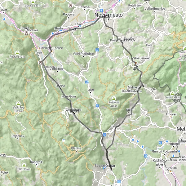 Karten-Miniaturansicht der Radinspiration "Von Črmošnjice zu Dolenjske Toplice: Eine Fahrt durch die Natur" in Vzhodna Slovenija, Slovenia. Erstellt vom Tarmacs.app-Routenplaner für Radtouren