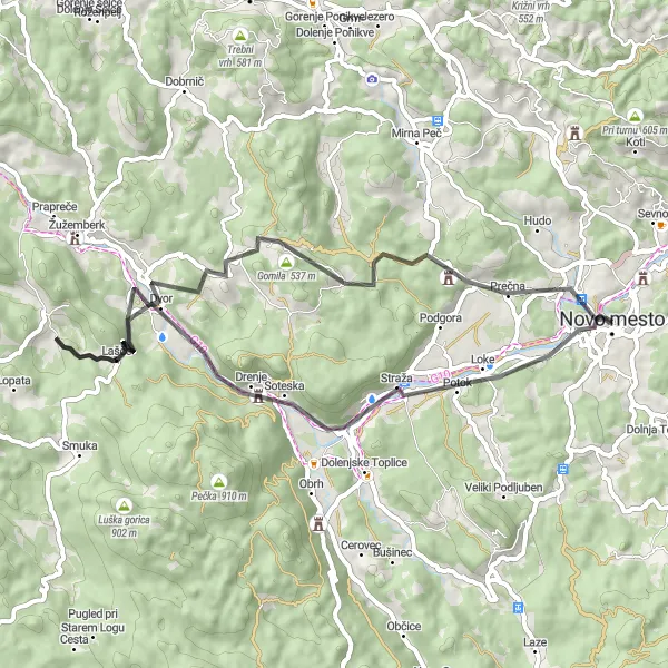 Karten-Miniaturansicht der Radinspiration "Abenteuerliche Straßenfahrt in der Nähe von Novo Mesto" in Vzhodna Slovenija, Slovenia. Erstellt vom Tarmacs.app-Routenplaner für Radtouren