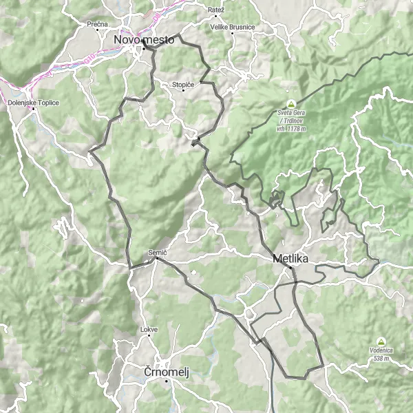 Zemljevid v pomanjšavi "Challenging road cycling route from Novo Mesto" kolesarske inspiracije v Vzhodna Slovenija, Slovenia. Generirano z načrtovalcem kolesarskih poti Tarmacs.app