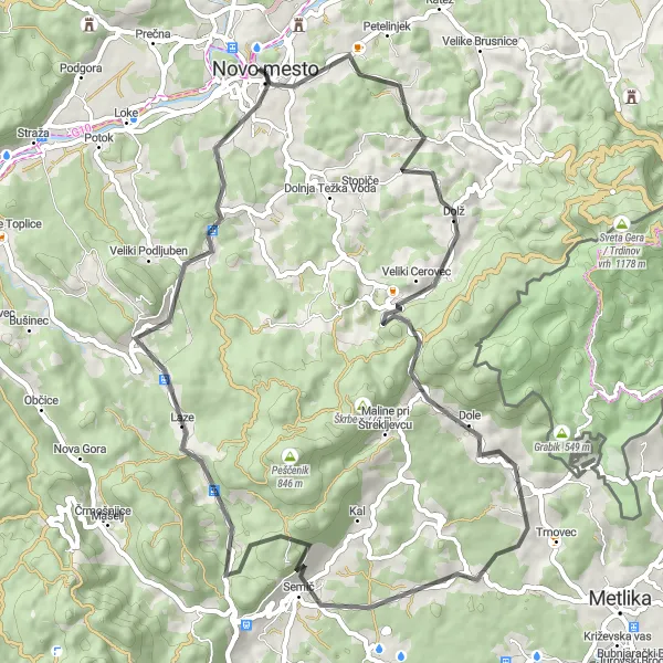 Miniatura della mappa di ispirazione al ciclismo "Tour delle Colline di Novo Mesto" nella regione di Vzhodna Slovenija, Slovenia. Generata da Tarmacs.app, pianificatore di rotte ciclistiche