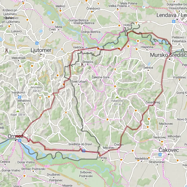 Zemljevid v pomanjšavi "Ormož - Klumpa - Mursko Središće - Macinec - Frankovci" kolesarske inspiracije v Vzhodna Slovenija, Slovenia. Generirano z načrtovalcem kolesarskih poti Tarmacs.app