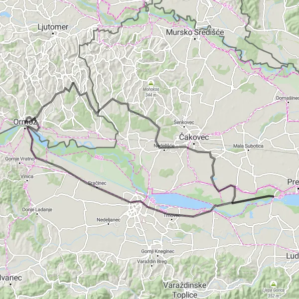 Miniaturní mapa "Cyklistická cesta do Varaždinu" inspirace pro cyklisty v oblasti Vzhodna Slovenija, Slovenia. Vytvořeno pomocí plánovače tras Tarmacs.app