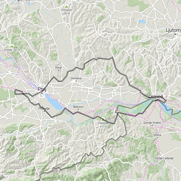Miniaturní mapa "Cyklotrasa blízko Ormože" inspirace pro cyklisty v oblasti Vzhodna Slovenija, Slovenia. Vytvořeno pomocí plánovače tras Tarmacs.app