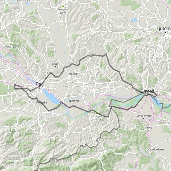 Zemljevid v pomanjšavi "Ormož - Ptuj" kolesarske inspiracije v Vzhodna Slovenija, Slovenia. Generirano z načrtovalcem kolesarskih poti Tarmacs.app