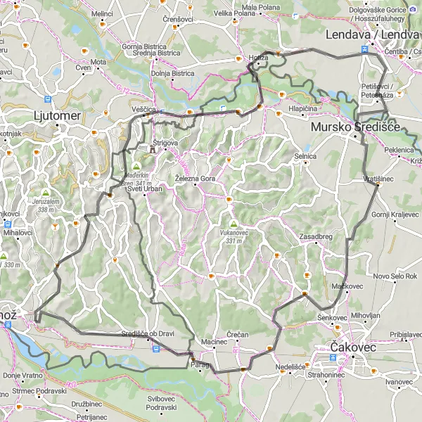 Map miniature of "Drava Discovery" cycling inspiration in Vzhodna Slovenija, Slovenia. Generated by Tarmacs.app cycling route planner