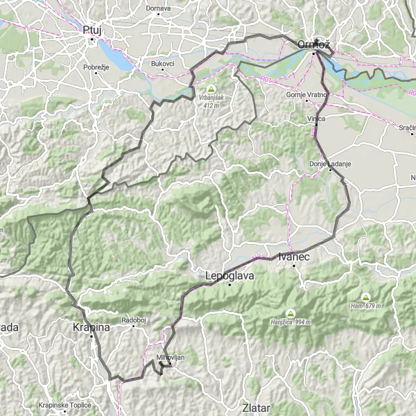 Miniatura della mappa di ispirazione al ciclismo "Avventura collinare intorno a Ormož" nella regione di Vzhodna Slovenija, Slovenia. Generata da Tarmacs.app, pianificatore di rotte ciclistiche