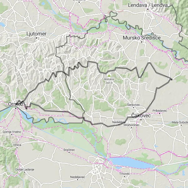 Miniaturní mapa "Okružní cyklistická trasa od Ormože" inspirace pro cyklisty v oblasti Vzhodna Slovenija, Slovenia. Vytvořeno pomocí plánovače tras Tarmacs.app