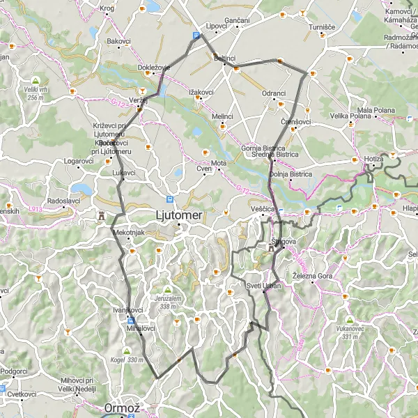 Miniatura della mappa di ispirazione al ciclismo "Giro tra le colline di Ormož" nella regione di Vzhodna Slovenija, Slovenia. Generata da Tarmacs.app, pianificatore di rotte ciclistiche