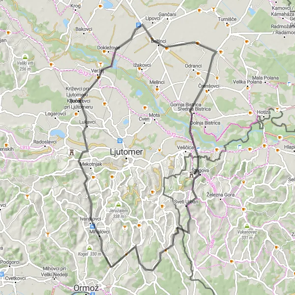 Zemljevid v pomanjšavi "Ormož - Tičnica - Dokležovje - Črenšovci - Štrigova - Štrigovščak" kolesarske inspiracije v Vzhodna Slovenija, Slovenia. Generirano z načrtovalcem kolesarskih poti Tarmacs.app