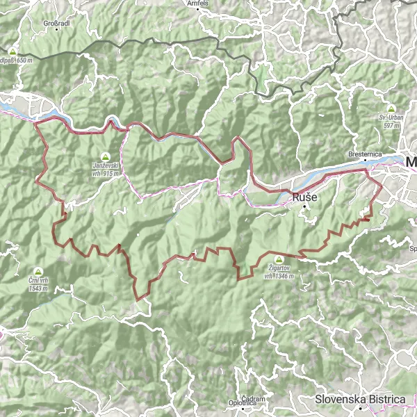 Map miniature of "Pekre Gravel Adventure" cycling inspiration in Vzhodna Slovenija, Slovenia. Generated by Tarmacs.app cycling route planner