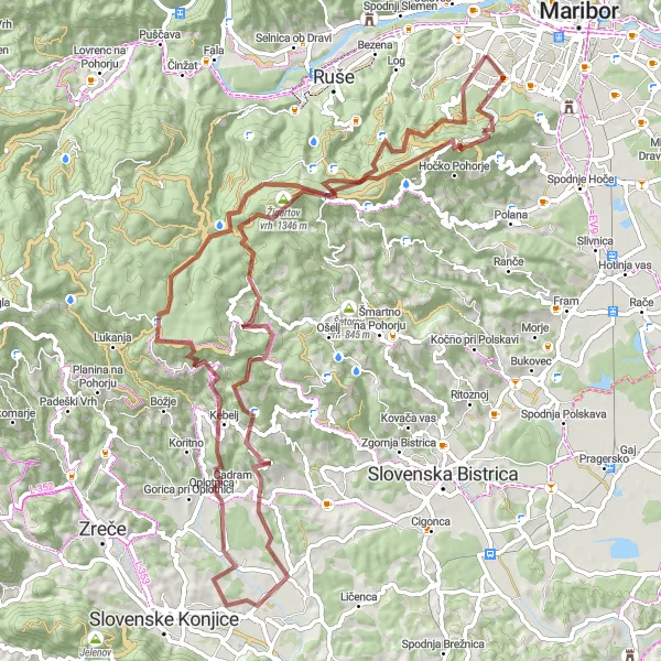 Karten-Miniaturansicht der Radinspiration "Abenteuerliche Gravel-Tour durch die Pohorje-Berge" in Vzhodna Slovenija, Slovenia. Erstellt vom Tarmacs.app-Routenplaner für Radtouren