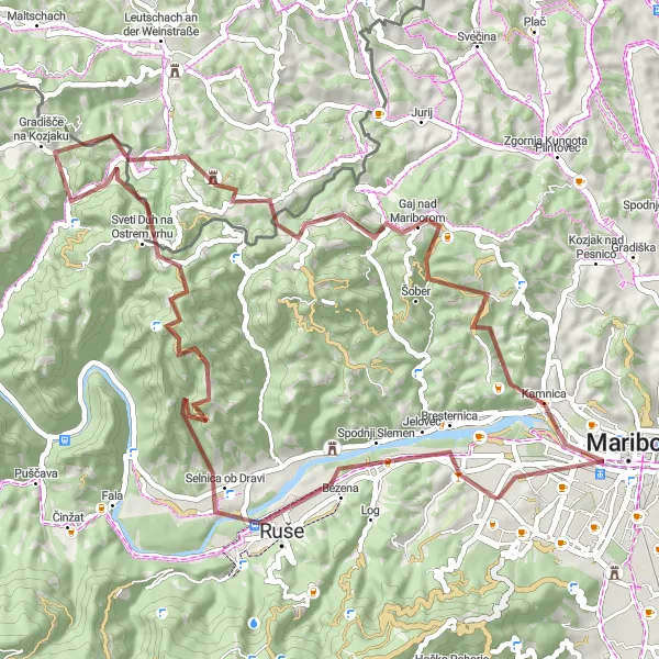 Miniaturní mapa "Gravelová dobrodružství ve Slovinsku" inspirace pro cyklisty v oblasti Vzhodna Slovenija, Slovenia. Vytvořeno pomocí plánovače tras Tarmacs.app