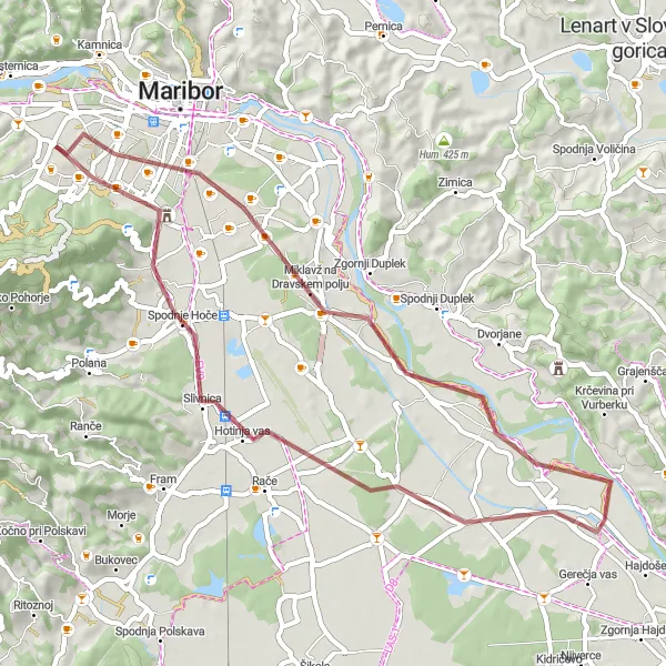 Miniatura della mappa di ispirazione al ciclismo "Giro in mountain bike da Pekre a Nova vas" nella regione di Vzhodna Slovenija, Slovenia. Generata da Tarmacs.app, pianificatore di rotte ciclistiche