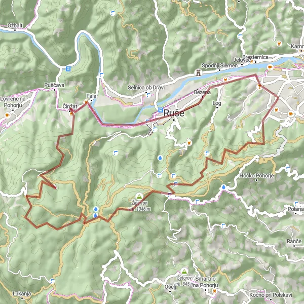 Miniatura della mappa di ispirazione al ciclismo "Giro in mountain bike da Pekre a Limbuš" nella regione di Vzhodna Slovenija, Slovenia. Generata da Tarmacs.app, pianificatore di rotte ciclistiche