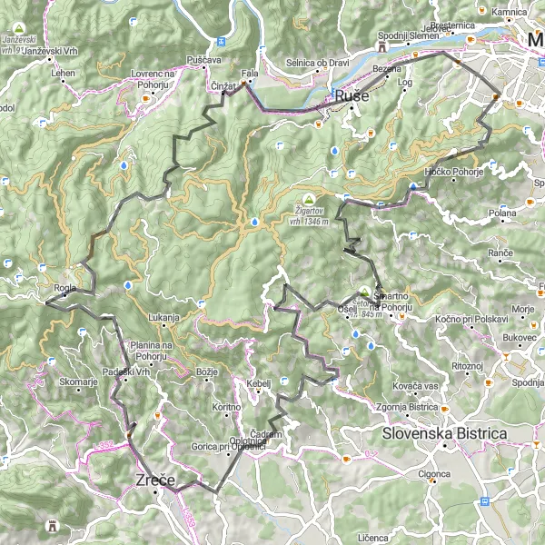 Miniaturní mapa "Scenic Road Cycling Tour from Pekre to Ruše" inspirace pro cyklisty v oblasti Vzhodna Slovenija, Slovenia. Vytvořeno pomocí plánovače tras Tarmacs.app
