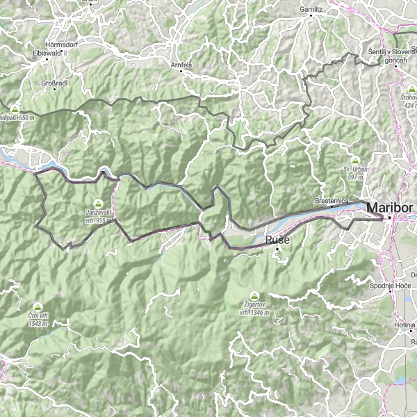 Map miniature of "The Road Less Traveled" cycling inspiration in Vzhodna Slovenija, Slovenia. Generated by Tarmacs.app cycling route planner
