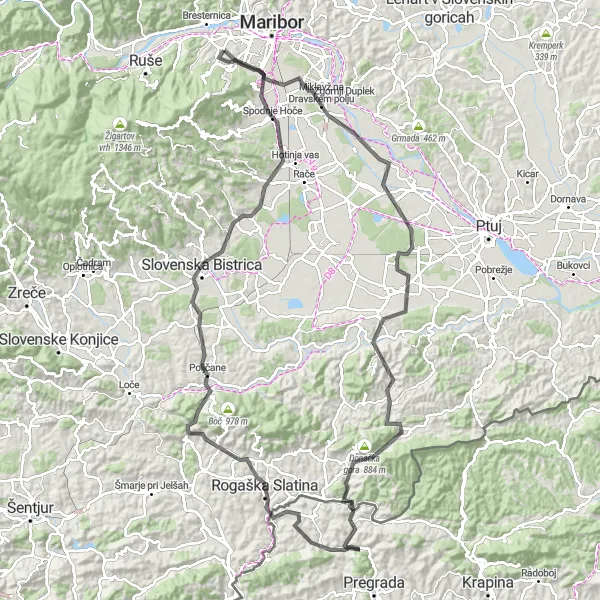 Miniaturní mapa "Road Cycling Expedition from Pekre to Ruše" inspirace pro cyklisty v oblasti Vzhodna Slovenija, Slovenia. Vytvořeno pomocí plánovače tras Tarmacs.app