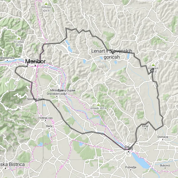 Miniatura della mappa di ispirazione al ciclismo "Tour in bicicletta tra Maribor e Ptuj" nella regione di Vzhodna Slovenija, Slovenia. Generata da Tarmacs.app, pianificatore di rotte ciclistiche
