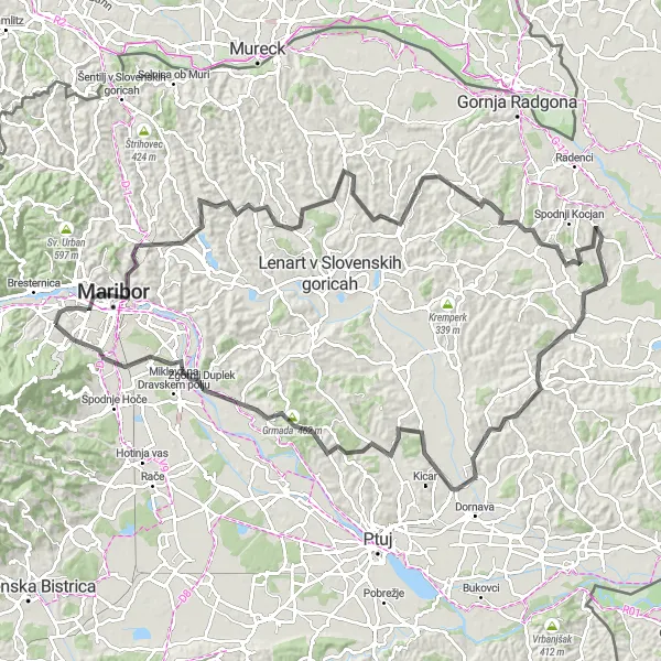 Map miniature of "Maribor and Slovenian Hills" cycling inspiration in Vzhodna Slovenija, Slovenia. Generated by Tarmacs.app cycling route planner