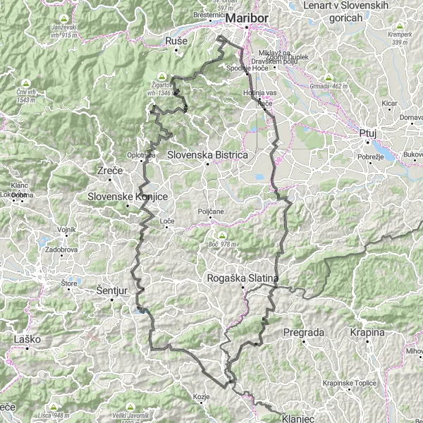 Miniatura della mappa di ispirazione al ciclismo "Tour delle montagne slovene" nella regione di Vzhodna Slovenija, Slovenia. Generata da Tarmacs.app, pianificatore di rotte ciclistiche