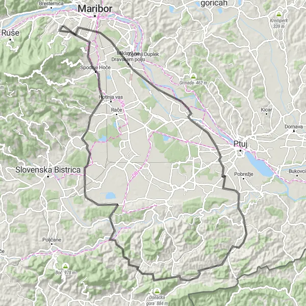 Map miniature of "Panoramic Views and Charming Villages" cycling inspiration in Vzhodna Slovenija, Slovenia. Generated by Tarmacs.app cycling route planner